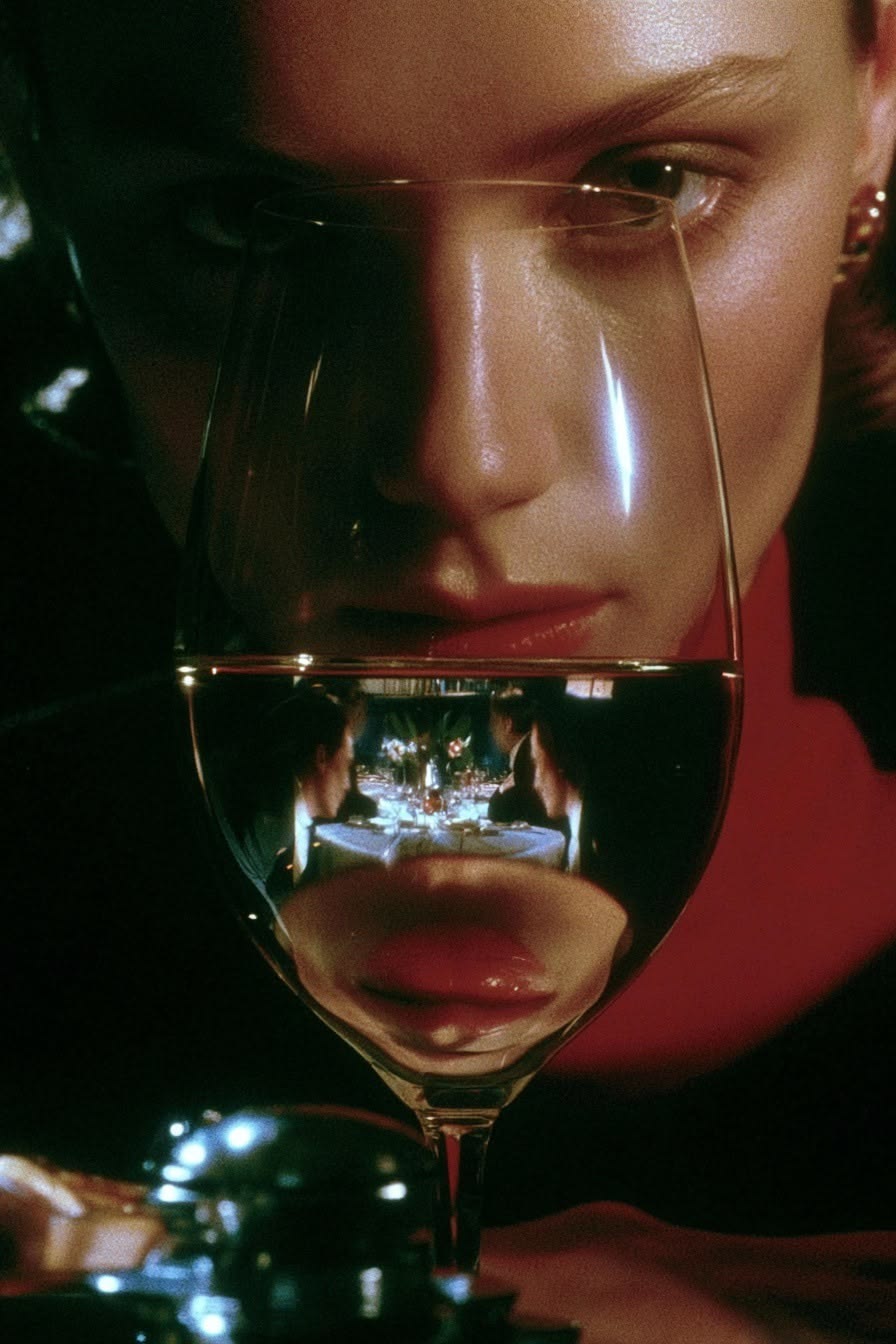 Ritratto in penombra dietro un calice di vino rosso